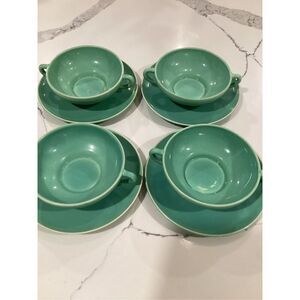 4 Fitz and Floyd Total Colour Coquille Turquoise Soup Bowl Under Plate